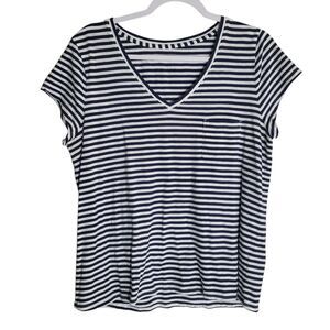 Garnet Hill Weekender V Neck Short Sleeve Top Women's Large Blue Stripe Nautical